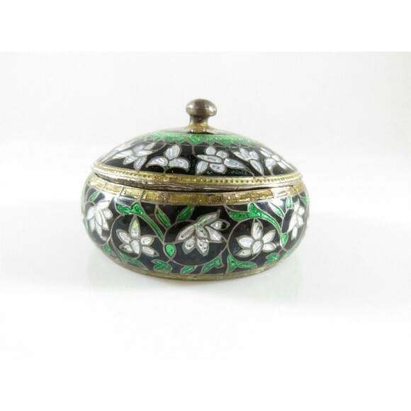 Vintage Enameled Sterling Silver Green, Black, Gold, White Trinket Stash Box - Picture 2 of 9